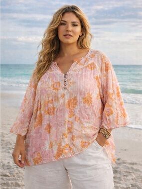 Avenue Women Floral Boho Blouse Sz 18/20 Pink Orange Sheer Peasant Top Plus Size
